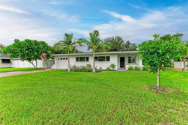a view of a house with backyard and a tree