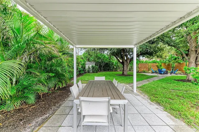 a patio with table and chairs and garden