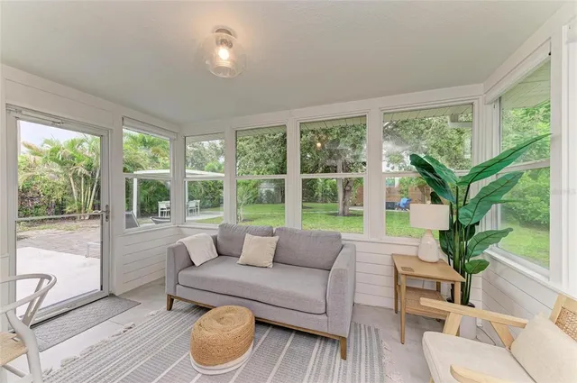 a living room with furniture and a potted plant