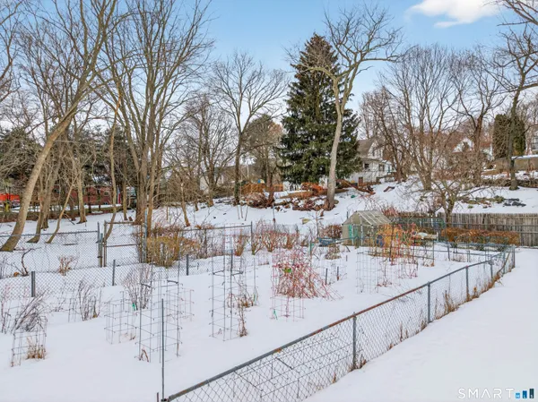 a view of a town with large trees