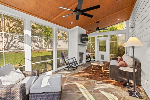an aerial view of a house with a garden