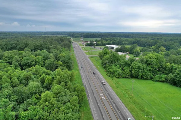 a view of a city with lush green forest