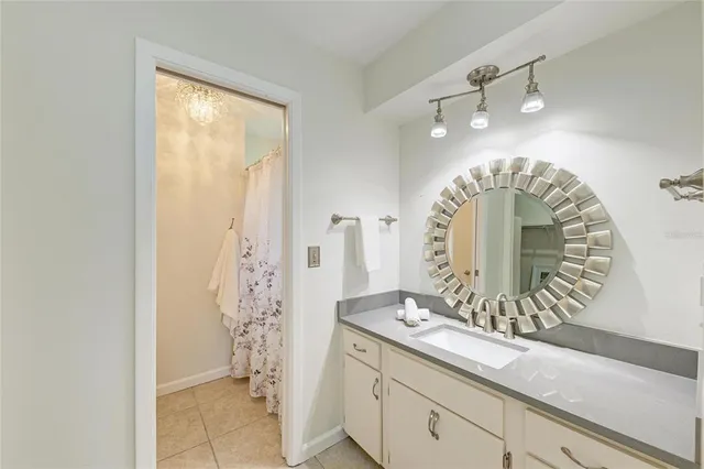 a bathroom with a sink mirror and a shower