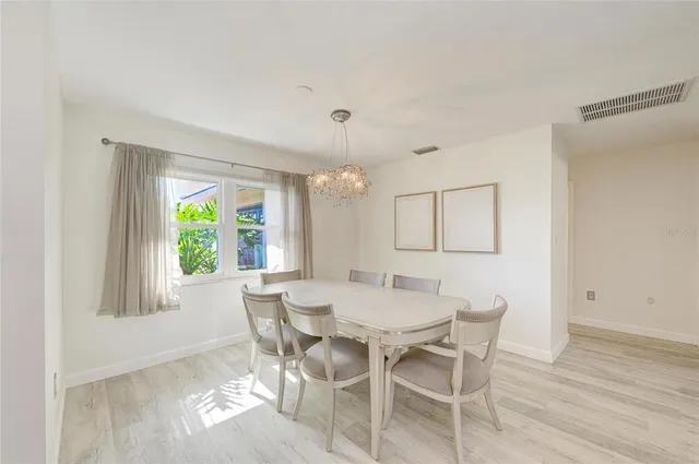 a view of a dining room with furniture and window