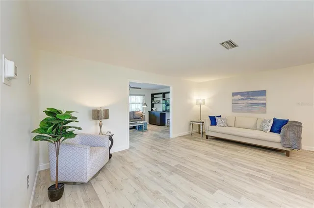 a living room with furniture and a potted plant
