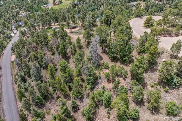 an aerial view of residential house with outdoor space and trees all around
