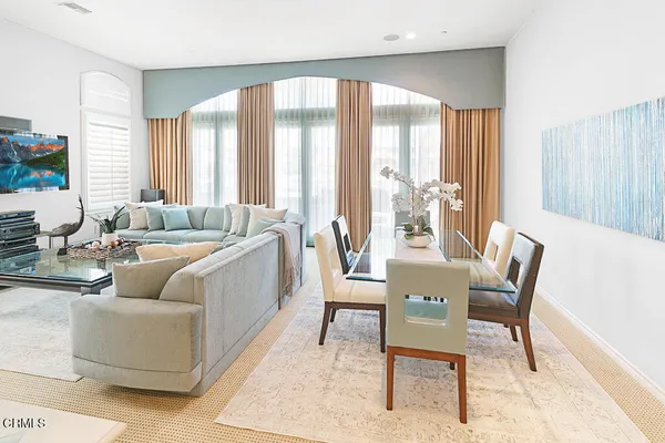 a view of a dining room with furniture