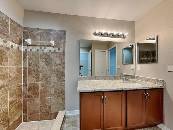 a bathroom with a granite countertop sink a mirror and a shower