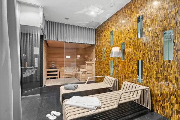 a living room with furniture and a table