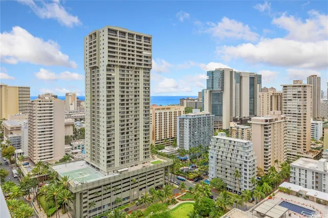 a city view with tall buildings