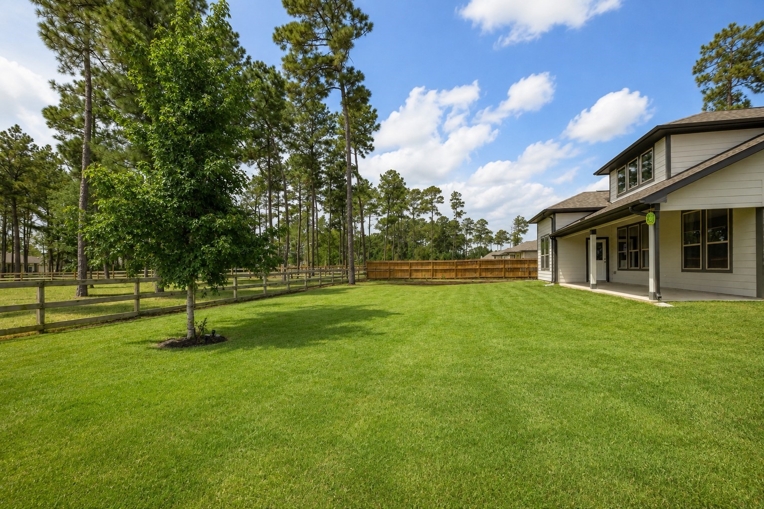 13432 Maverick Trail Road Conroe, TX 77303 - Photo 35 of 50 Expansive backyard with lush green lawn, mature trees, and a charming fence, offering ample space for outdoor activities and relaxation.