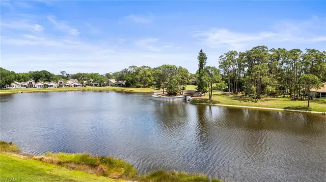 a view of a lake with houses in the back