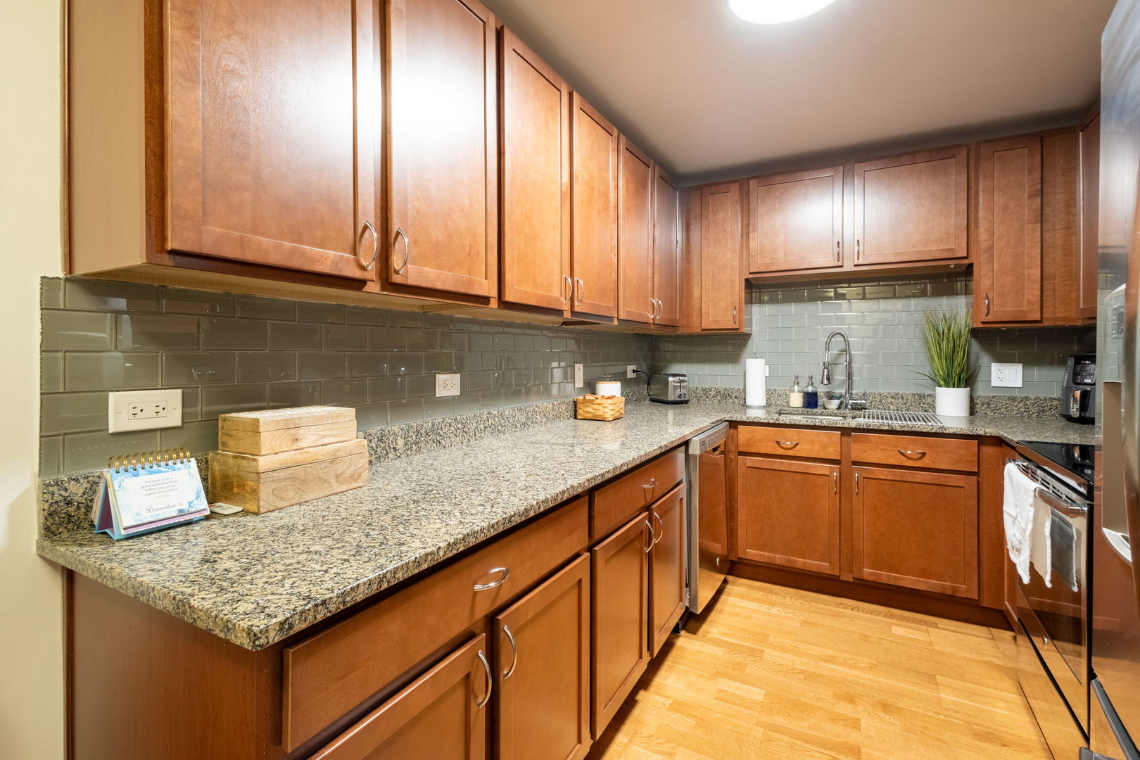 3033 North Sheridan Road, Unit 1203 Chicago, IL 60657 - Photo 9 of 22 a kitchen with granite countertop stainless steel appliances a sink a counter top space cabinets and a window