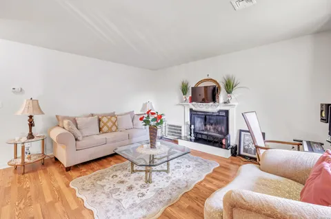 a living room with furniture a fireplace and rug