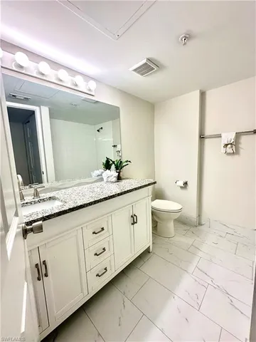 a bathroom with a double vanity sink mirror and toilet