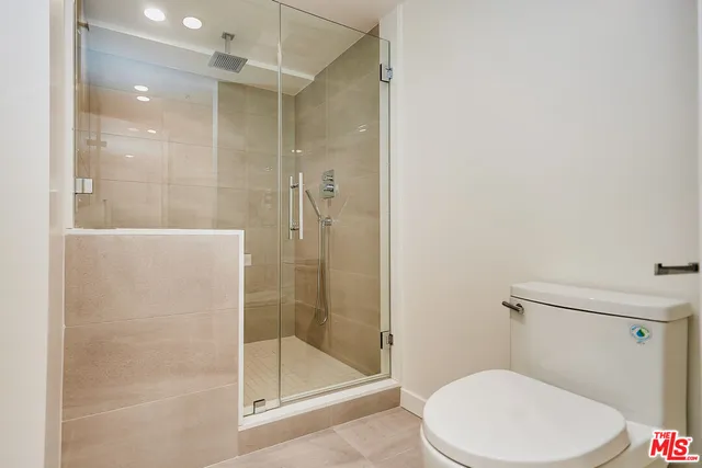 a bathroom with a shower and toilet