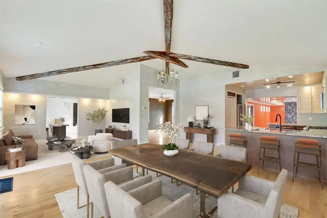 a view of a dining room with furniture