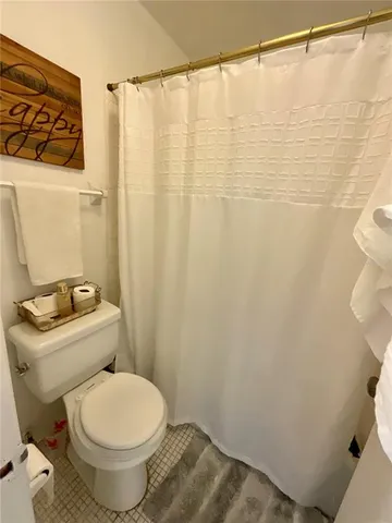 a white toilet sitting next to a shower curtain