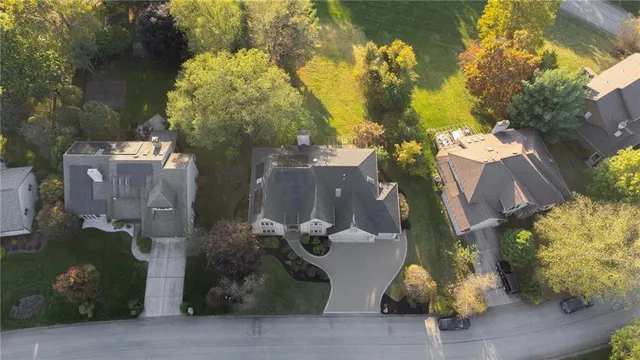 an aerial view of a house with a yard and large trees