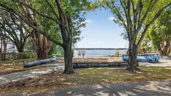 a view of a backyard with large trees