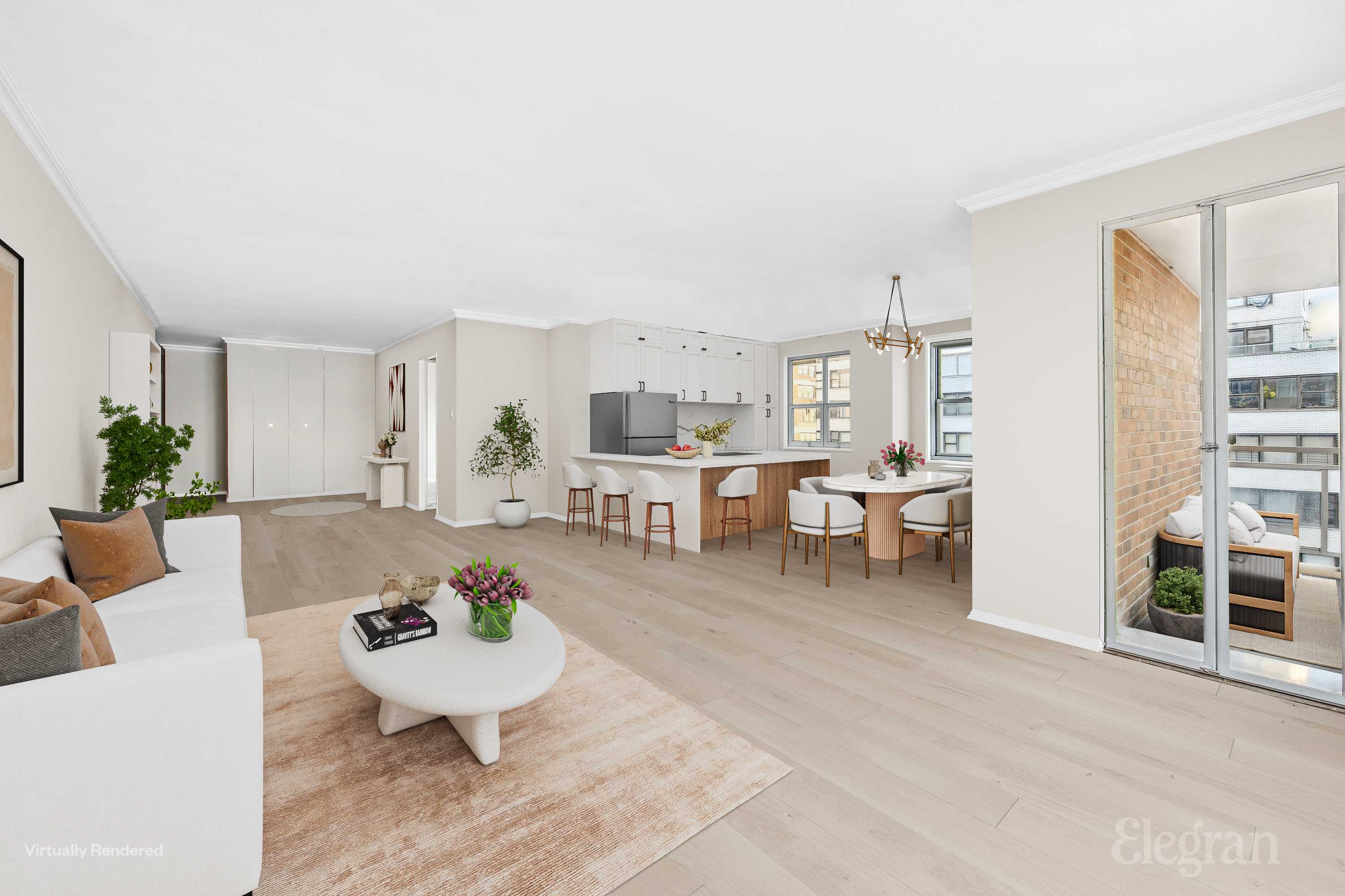 a living room with furniture and a table