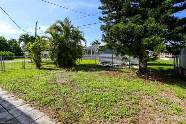 a view of a backyard with large trees