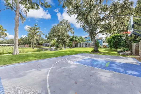 a view of a patio with wooden floor