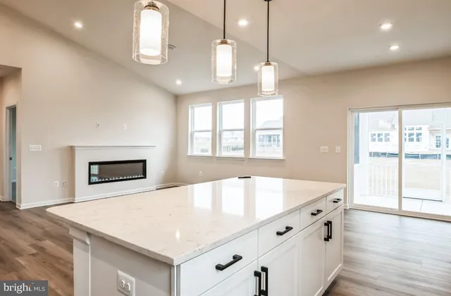 a kitchen with stainless steel appliances granite countertop a sink a oven and a fireplace with wooden floor