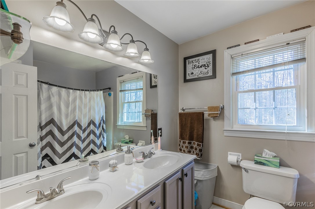 826 Jackson Road Bumpass, VA 23024 - Photo 15 of 26 a bathroom with double vanity sink a toilet a mirror and shower