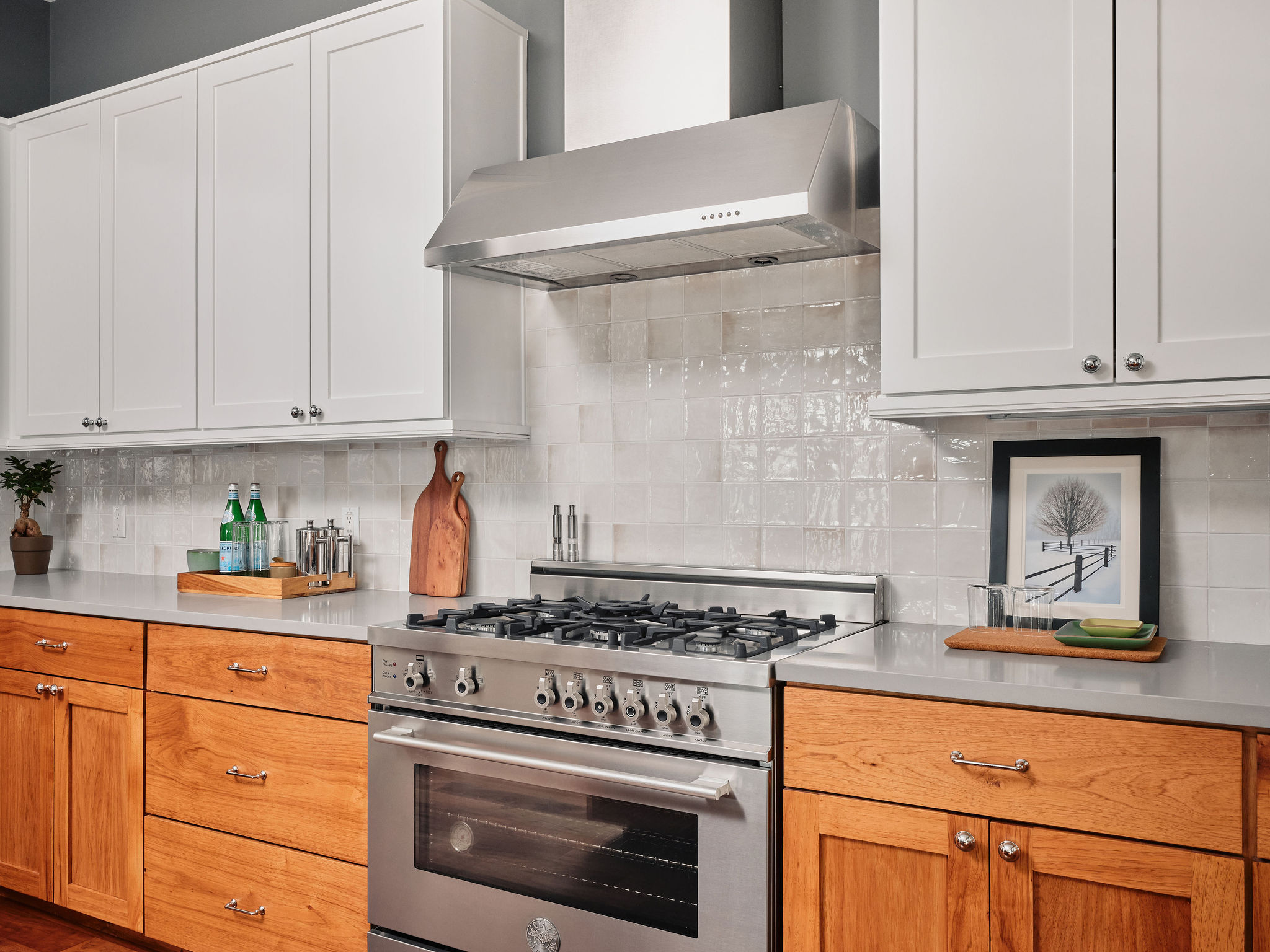 1504 Collier Street, Unit 4 Austin, TX 78704 - Photo 4 of 39 Kitchen featuring high end stove, decorative backsplash, and two tone color scheme