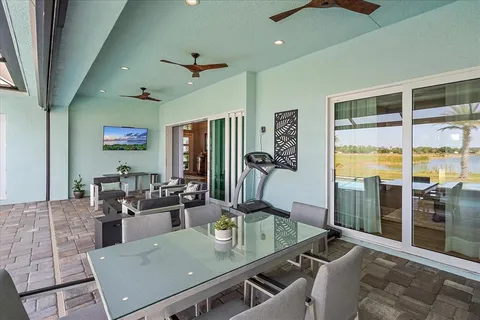 a view of a lake with a big yard