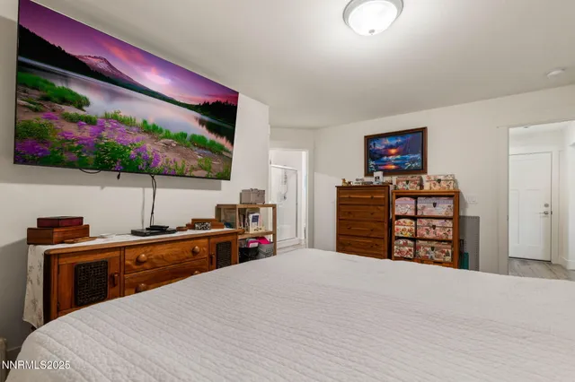 a bed room with a bed and a television