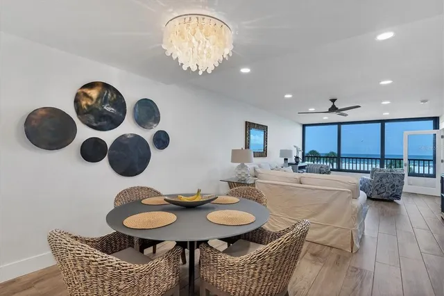 a view of a dining room and furniture