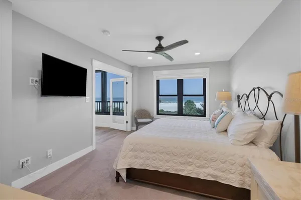 a bedroom with a large bed and a flat screen tv