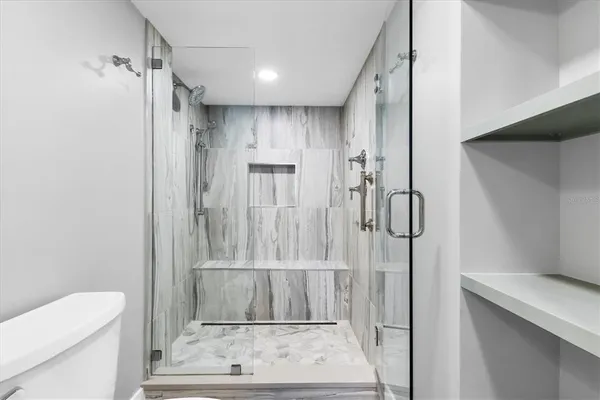 a bathroom with a shower and toilet