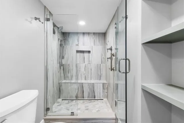 a bathroom with a shower and toilet
