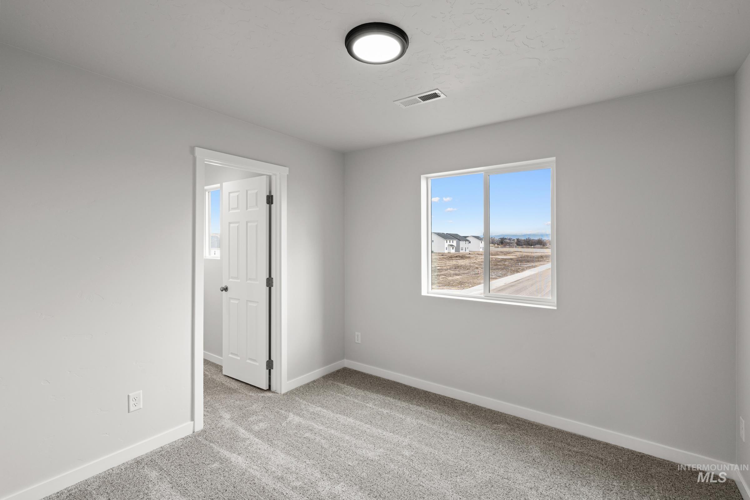 14056 Shiny Spruce Street Caldwell, ID 83607 - Photo 16 of 25 Carpeted room with a white paneled door, flush-mount ceiling light, white baseboards, and a double-hung window