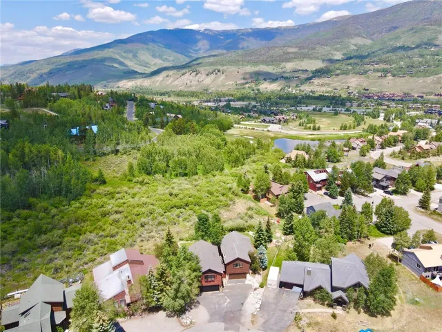 an aerial view of residential houses with outdoor space and trees