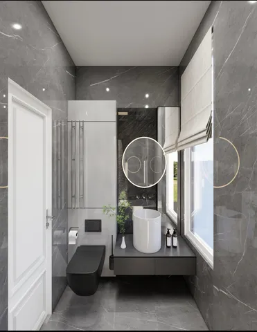 a living room with furniture a clock and white walls