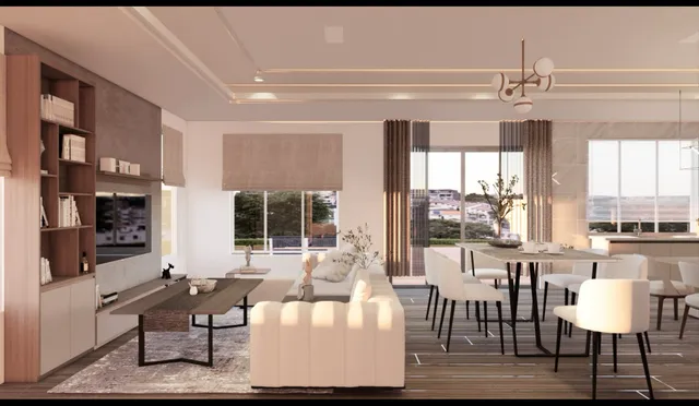 a living room with furniture a large window and a table