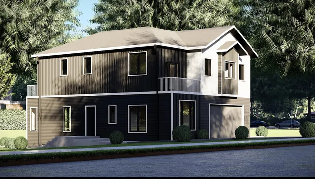 a view of a white house with large windows and plants