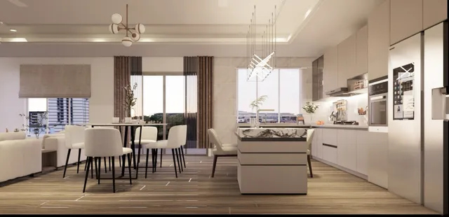 a kitchen with a table chairs and a window