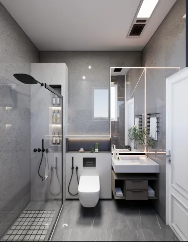 a bathroom with a sink mirror and toilet