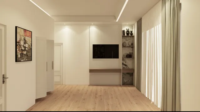 a view of a hallway with wooden floor and a cabinet