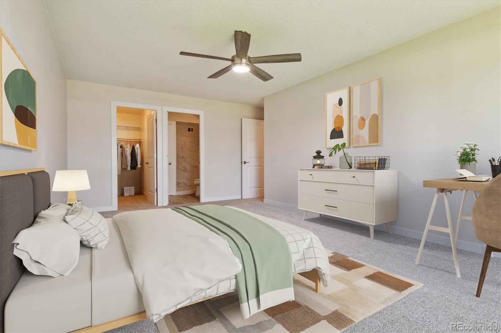 715 South Alton Way, Unit 5A Denver, CO 80247 - Photo 12 of 49 a bedroom with a bed and a chandelier