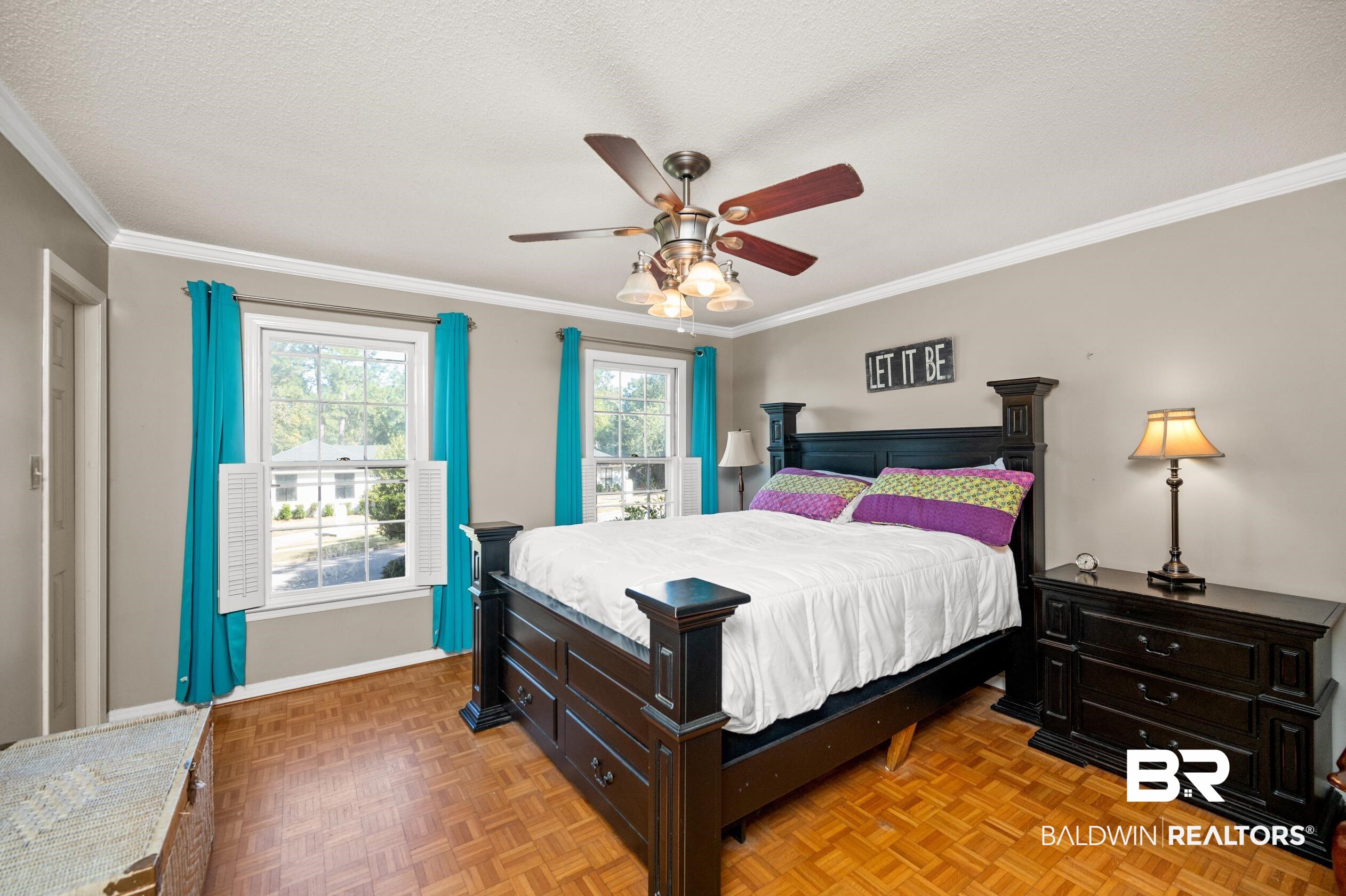 6705 Ridgeland Road South Mobile, AL 36695 - Photo 27 of 44 Bedroom featuring a textured ceiling, crown molding, light parquet floors, and ceiling fan