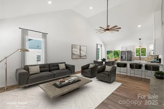 a living room with furniture ceiling fan and a rug