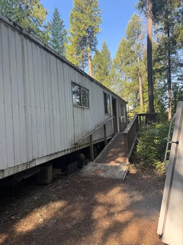 a view of a yard with large trees