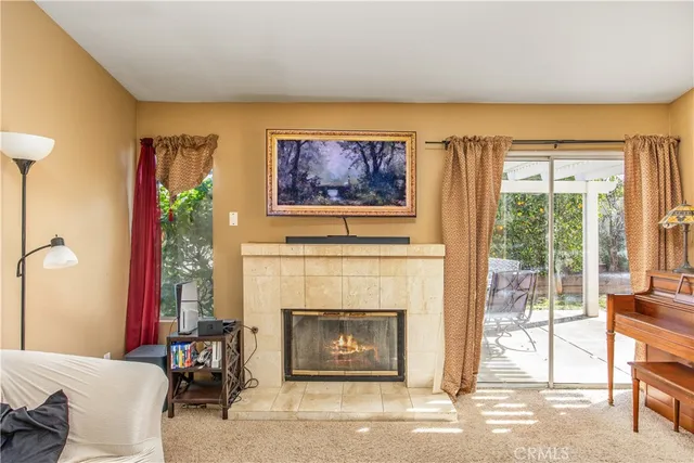 a living room with furniture a fireplace and a floor to ceiling window