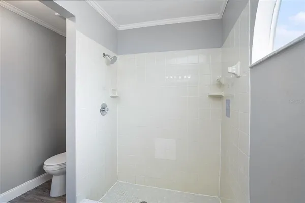a bathroom with a toilet and a shower
